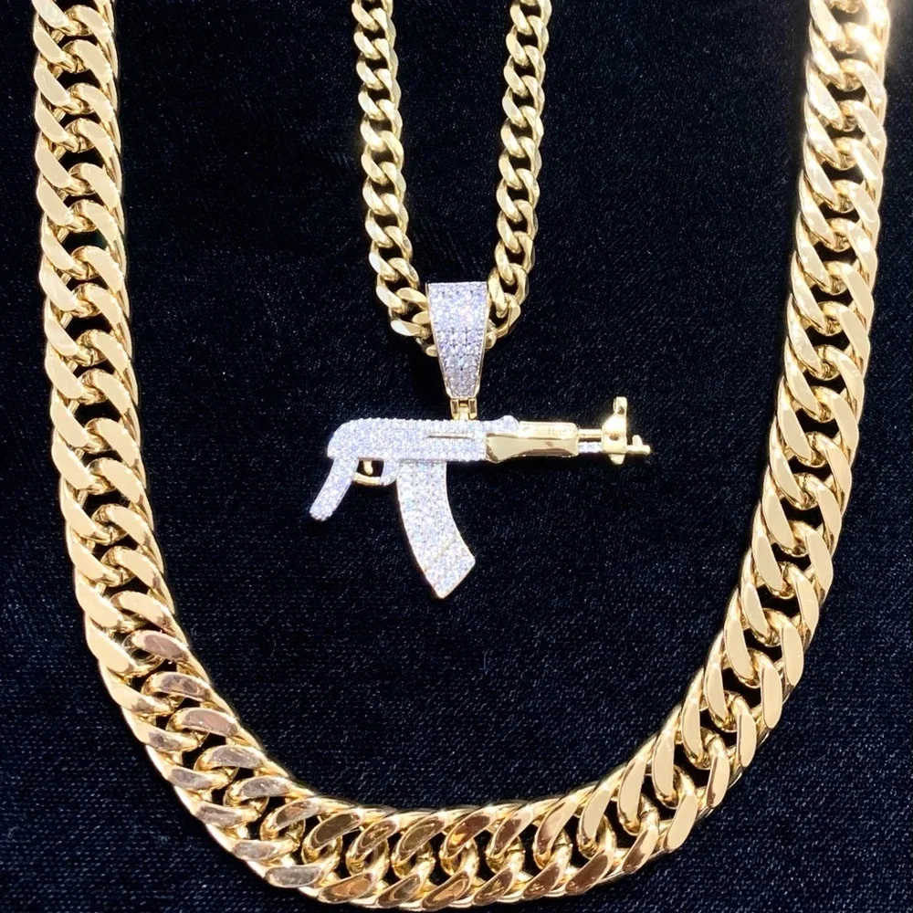 NEW 18K GOLD CUBAN LINK CHAIN AK 47 CHARM LAB DIAMONDS ITALY *LIFETIME WARRANTY*